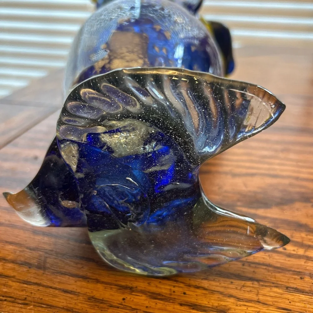 Vintage Murano Glass Hand Blown 12 Inch Tall Blue and Yellow Decorative Owl Vase